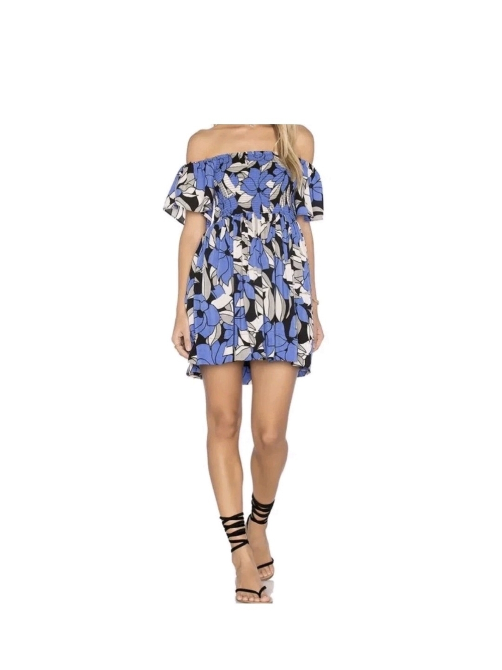 Free People Louise Smocked Dress Blue Tropical Print Women's